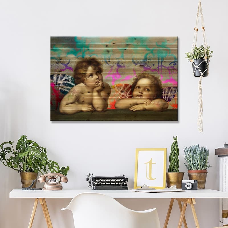 Sistine Madonna -The Two Bored Angels Print On Wood by 5by5collective - Multi-Color