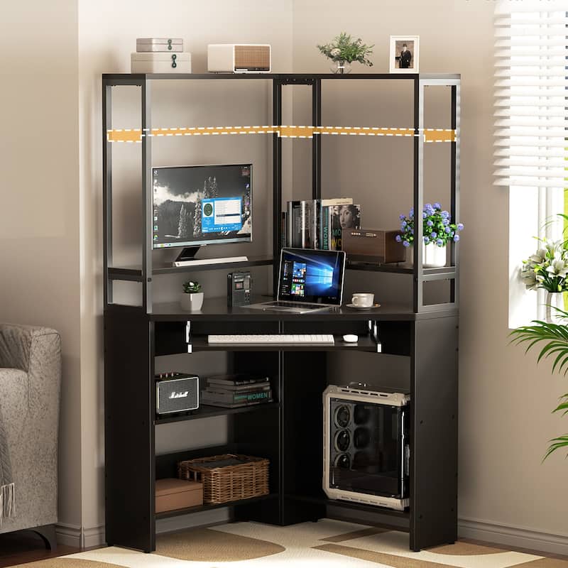 29.5'' W Triangle Corner Computer Desk with Keyboard Tray and Hutch, Sturdy Corner Table with LED Lights and Power Outlets - Black