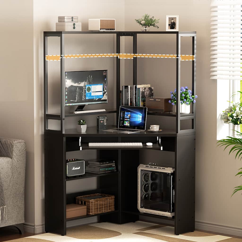 29.5'' W Triangle Corner Computer Desk with Keyboard Tray and Hutch, Sturdy Corner Table with LED Lights and Power Outlets
