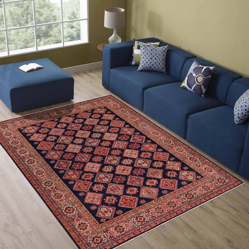 Tribal Super Kazak Marisol Blue/Beige Hand Knotted Wool Rug - 8'1'' x 9'4''