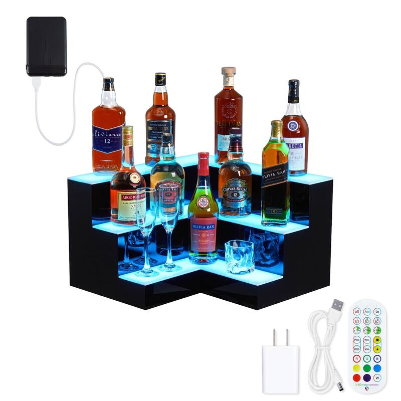 20" Acrylic LED Lighted Liquor Bottle Corner Display Shelf - Black