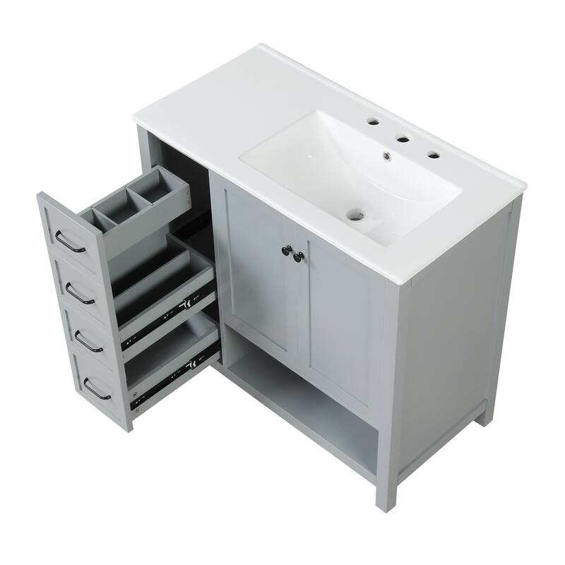 36" Freestanding Bathroom Vanity with Ceramic Sink, 2 Doors and 2 Drawers, Modern Grey Finish,8" Faucet Mount