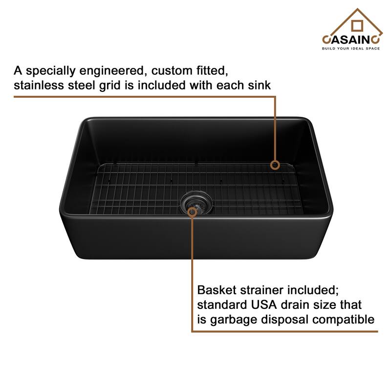 CASAINC Farmhouse/Apron-Front Single Bowl Fireclay Kitchen Sink with Bottom Grid and Strainer, cUPC Certified