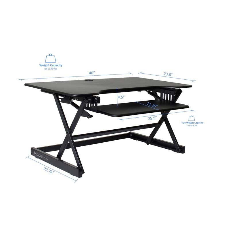 Rocelco 40 in. W Black Height Adjustable Standing Desk with Floor Stand and Gas Spring Assist Keyboard Tray Platform