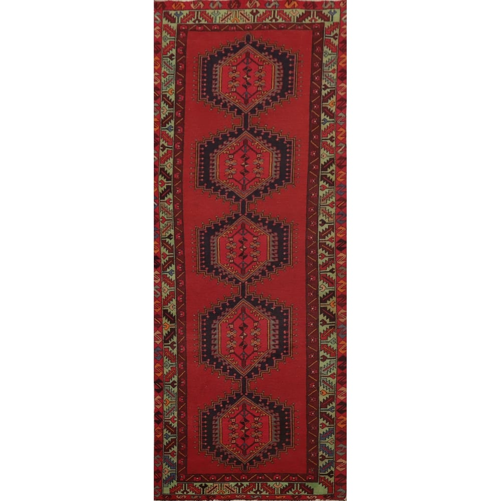 Hand Knotted Oriental 100% Wool Carpet Traditional Geometric Red Ardebil Runner Rug - 10' 6'' X 3' 8''
