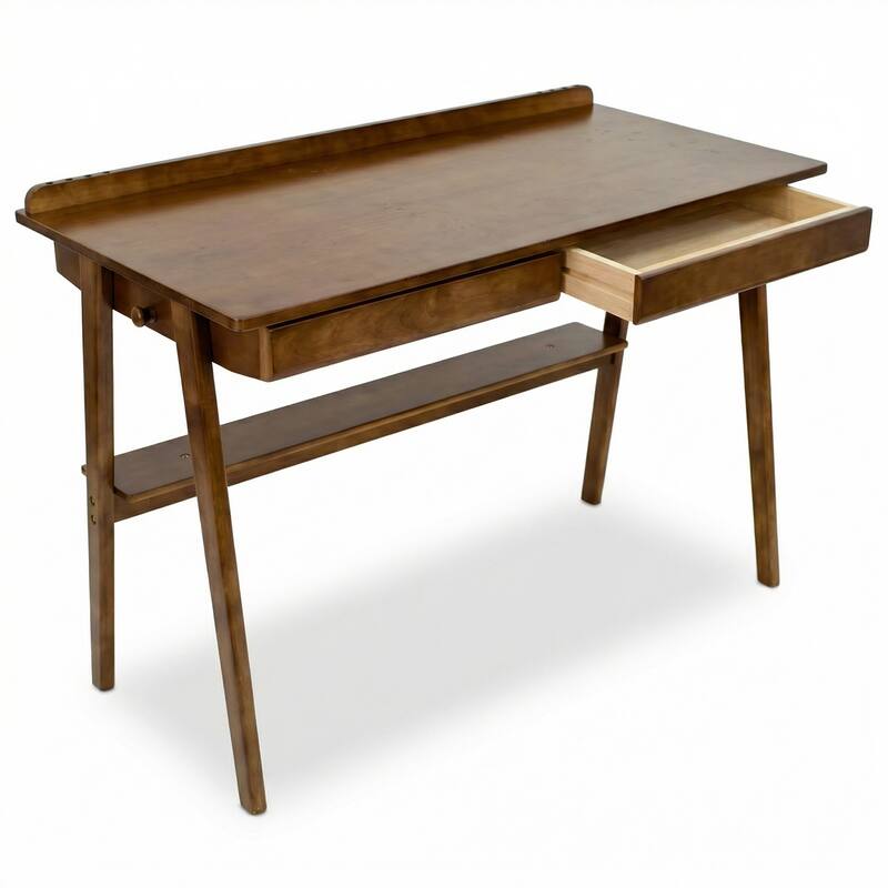 Anmytek Mid Century Modern Walnut Solid Wood Writing Desk with Drawers and Storage Shelf