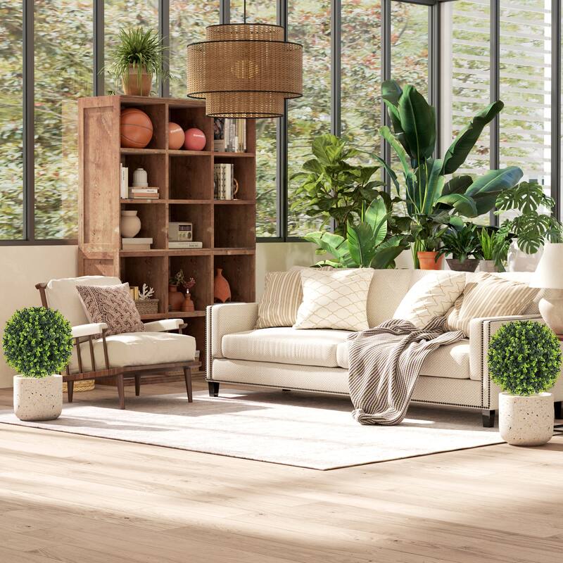 HOMCOM Set of 2 1.3ft (15.8") Artificial Boxwood Topiary Ball Bush with Integrated Ground Stake, Faux Plants