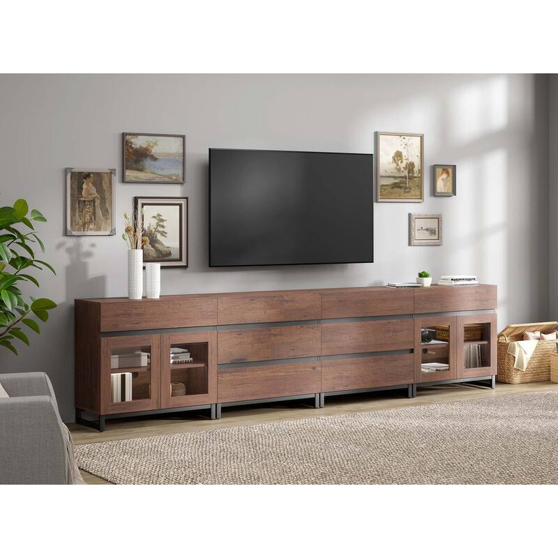 4-in-1 TV Stand for 120" TVs, Modern Console with Glass Doors & 8 Drawers - 126 inches - Brown