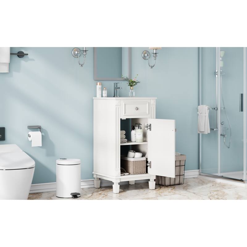 Roomfitters 18 Inch Bathroom Vanity with Ceramic Sink, Freestanding French Style Storage Cabinet & Adjustable Shelf