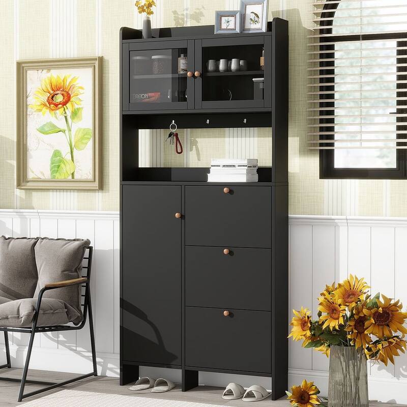 Hall Tree and Shoe Storage Bench with Flip Drawers and Doors