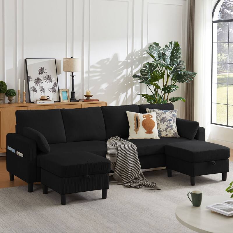 101" Corduroy U Shaped Sectional Sofa with Storage Ottoman