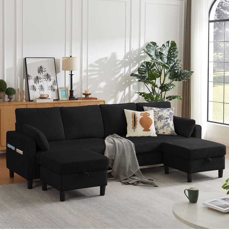 101'' Corduroy Upholstered Sectional Sofa With Storage Ottoman