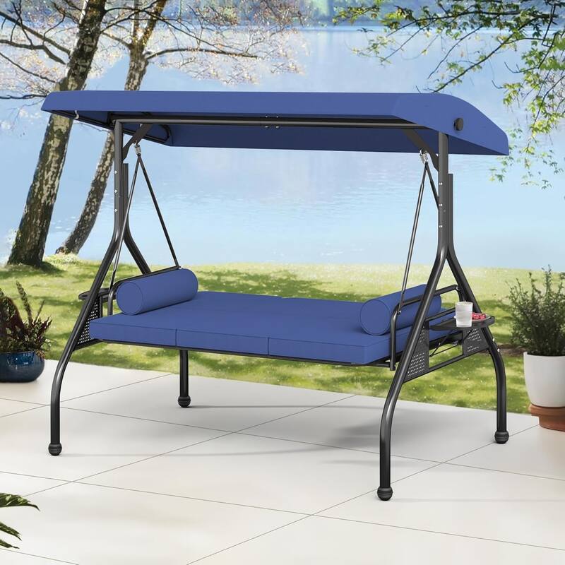 Outdoor Patio 3-Seat Porch Swing Cushioned Seat Bench Chair with Adjustable Tilt Canopy & Side Trays