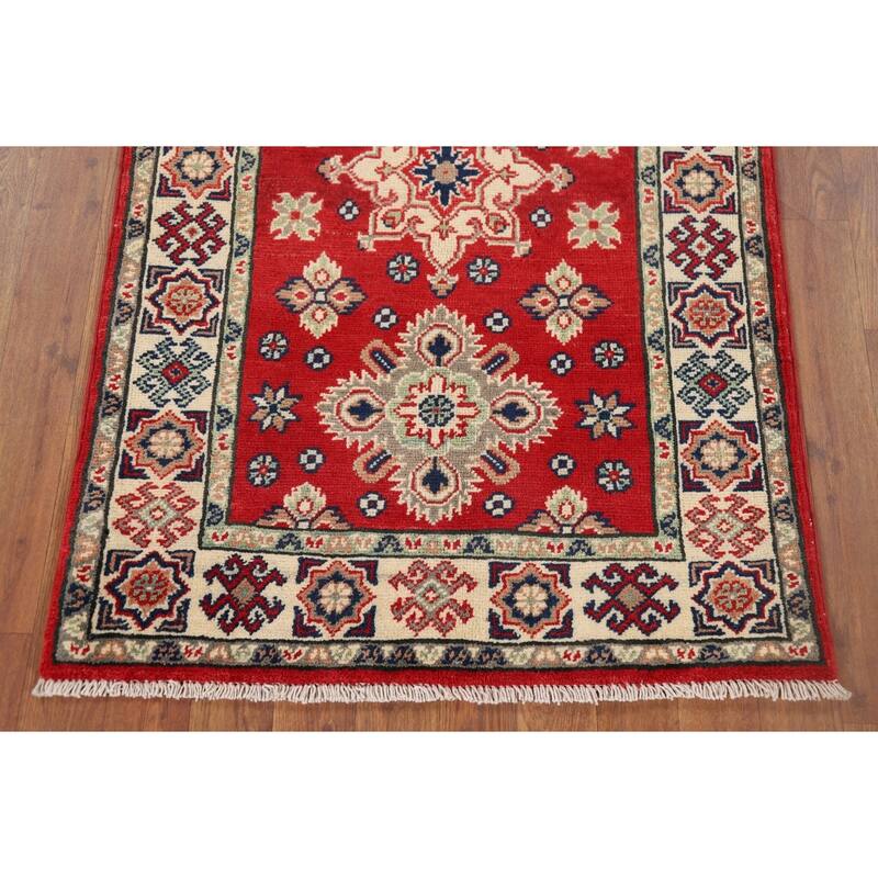 Kazak Oriental Accent Rug Hand-Knotted Red Geometric Wool Carpet - 2'8" x 4'2"