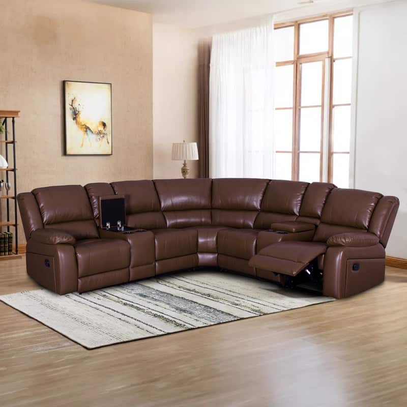 108" W Modern Contemporary Faux Leather 7 Piece Sectional Recliners - Brown+L-Shape