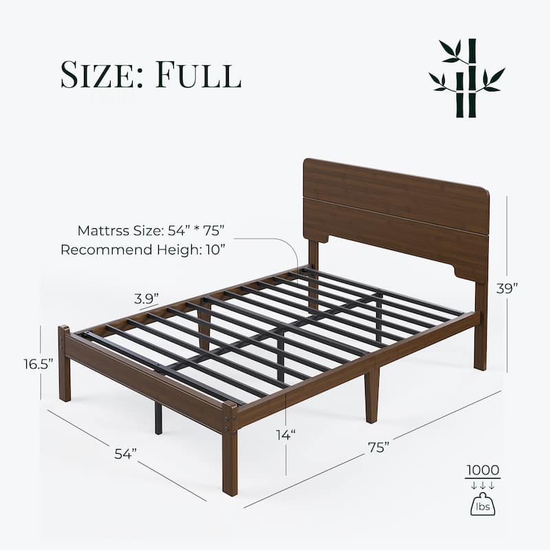 Walnut-colored solid wood and bamboo bed frame with headboard, easy to assemble, no box springs required