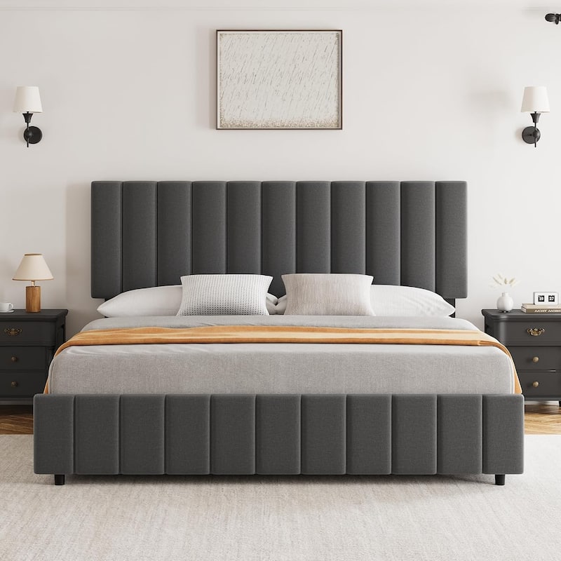 Grey Queen Linen Upholstered Bed Frame with 4 Storage Drawers