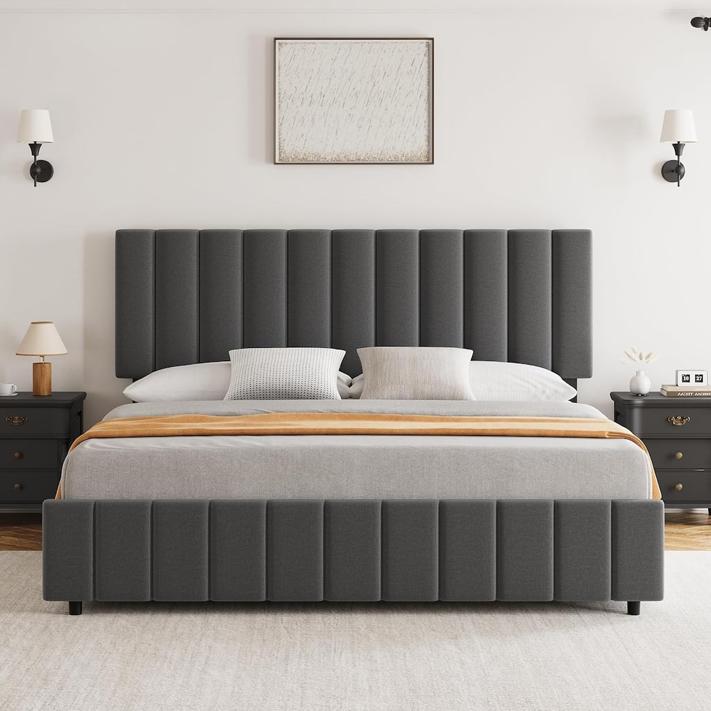 Grey Queen Linen Upholstered Bed Frame with 4 Storage Drawers