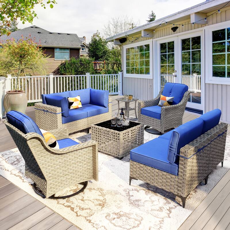 OVIOS 8 Pieces Outdoor Wicker Swivel Chair Set With Solar-Powered Coffee Table