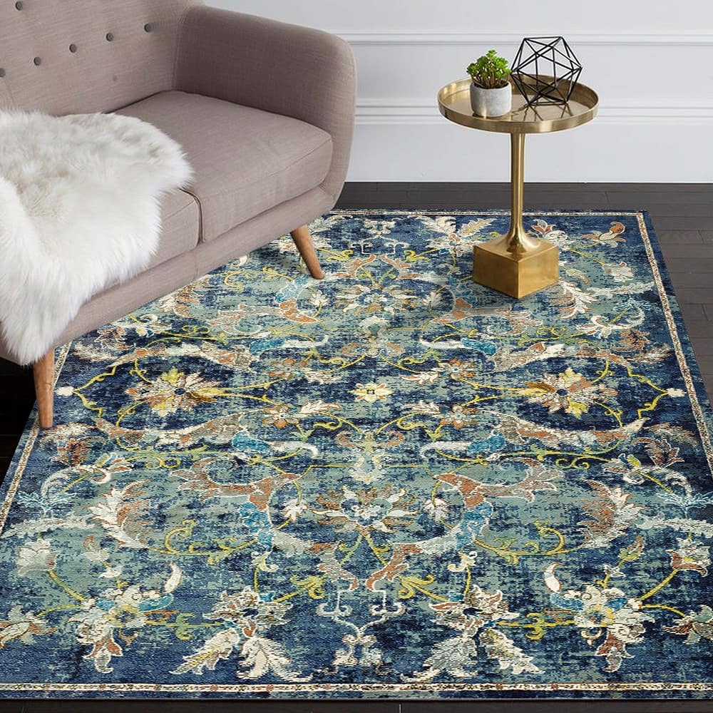 Sevita Gaia Farmhouse Floral Navy Blue Performance Indoor Area Rug