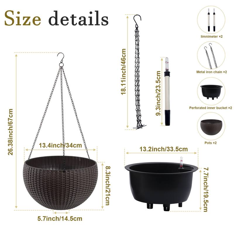 13.4 inch Self-Watering Hanging Rattan-Inspired Planter Large Capacity, Root-Rot Resistant Water Storage