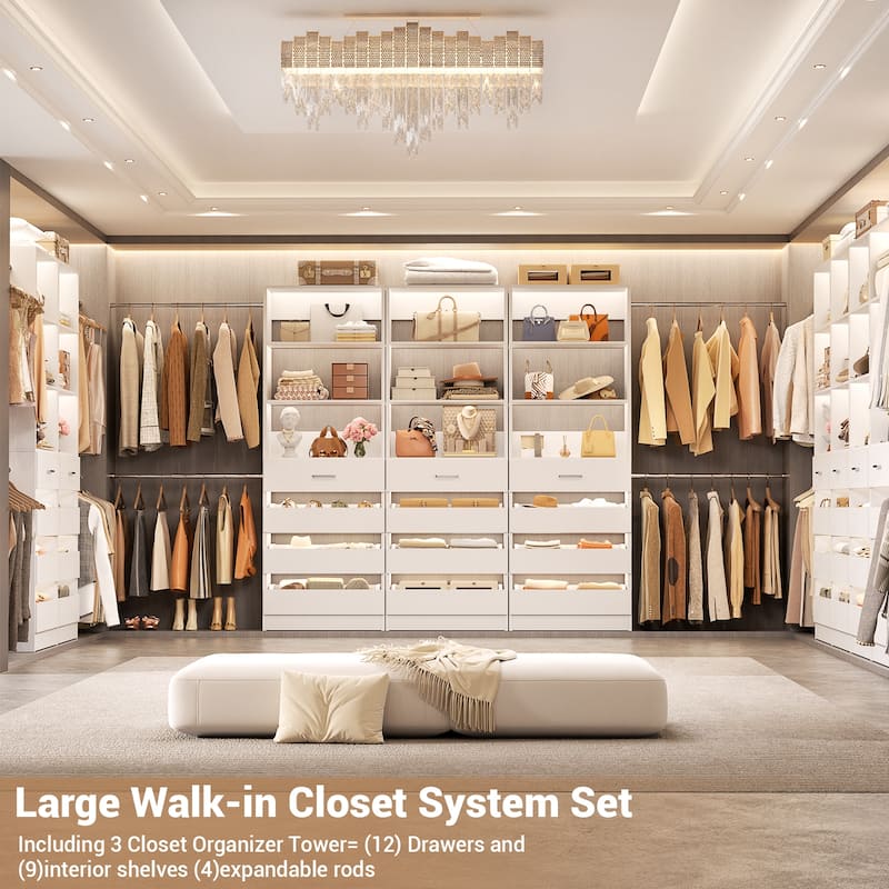 140'' Walk-in Closet Organizer System with 12 Drawers ＆ 4 Hanging Rods, 8.5-11.5FT Wooden Wardrobe Clothes Rack with 3 Towers