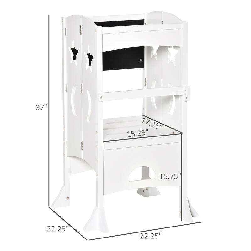 2 in 1 Kids Foldable Kitchen Step Stool, Toddler Standing Tower with Chalkboard and Lockable Handrail for Children 3-6 Years Old