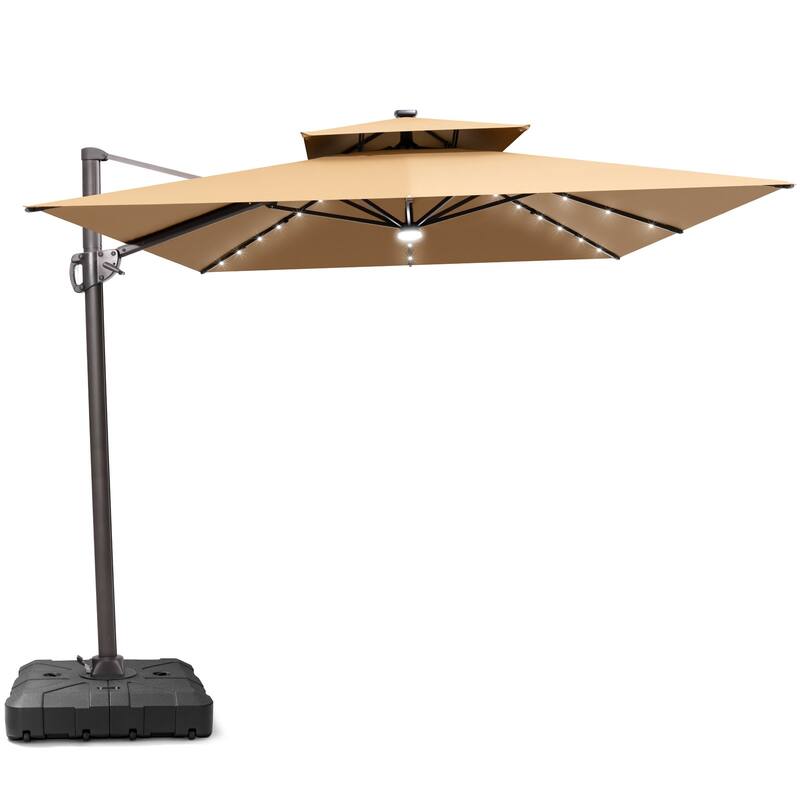9 FT x 11 FT Outdoor Dual Top Patio Cantilever Umbrella LED Light with Wheel Base - Tan