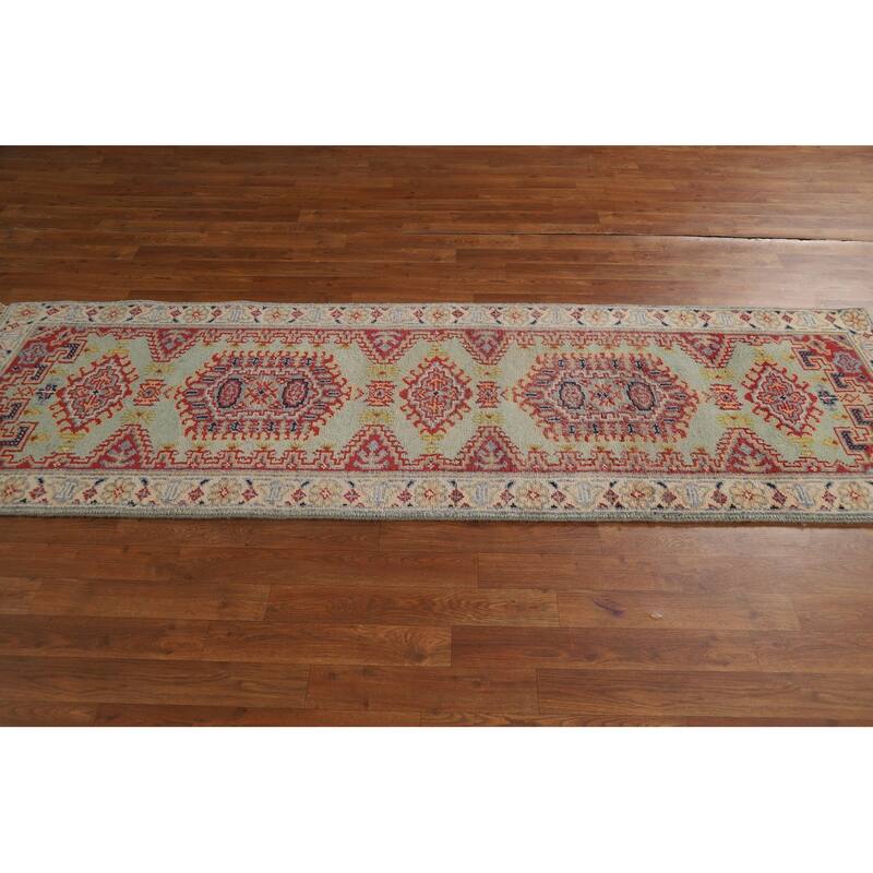 Green Geometric Viss Indian Runner Rug Hand-Knotted Wool Carpet - 2'6"x 7'11"