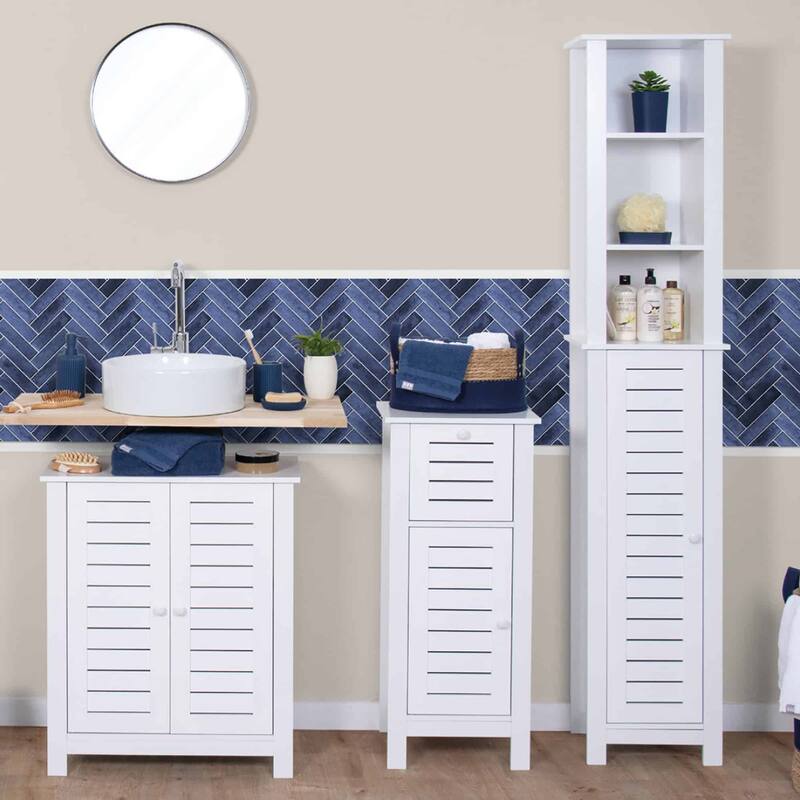 Santorin Tall White Bathroom Storage Cabinet Linen Tower - 13 7/8"L x 10.4"W x 68"H