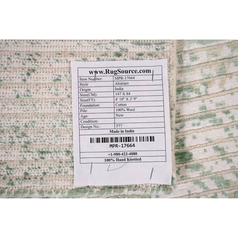 Ivory & Green Abstract Oriental Modern Accent Rug Handmade Wool Carpet - 2'9" x 4'10"