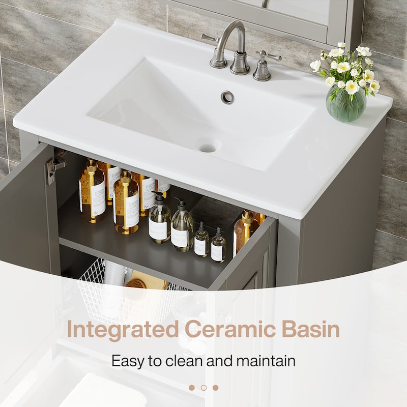 24 Inches Solid Wood Modern Bathroom Vanity with Ceramic Sink, Adjustable Shelf Storage