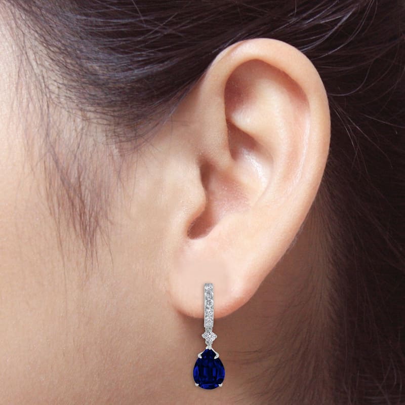 18k Gold Pear Shaped 13 3/4ct Blue Sapphire and 1ct TDW Diamond Dangle Earrings by Auriya