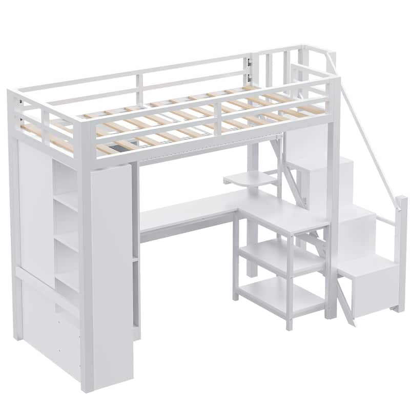 Twin Size Metal Loft Bed Frame with L-Shaped Desk, USB Ports, Storage Shelf, Wardrobe and Stepped Stairs for Bedroom