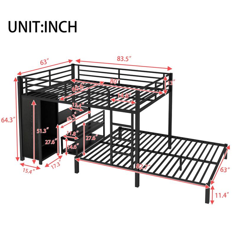 Queen Size Metal Bunk Bed with Wardrobe, Desk & Storage Chairs, Space-saving Design