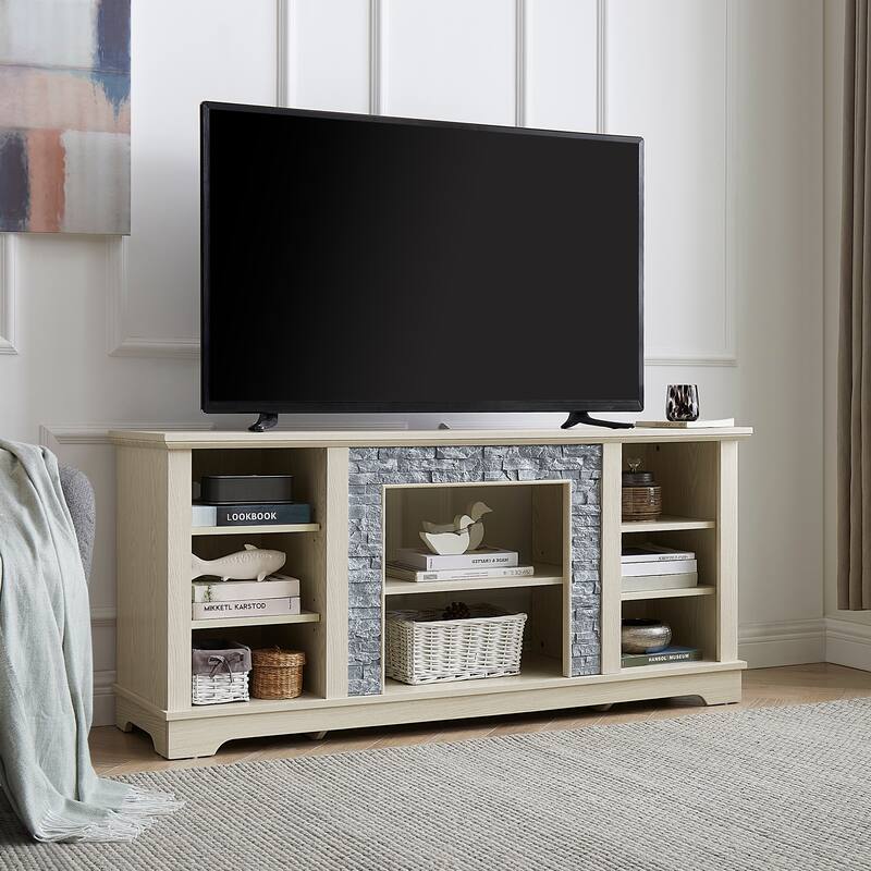Modern Faux Stacked Stone Surround TV Stand with Open Storage and Adjustable Shelves, for Living Room, White
