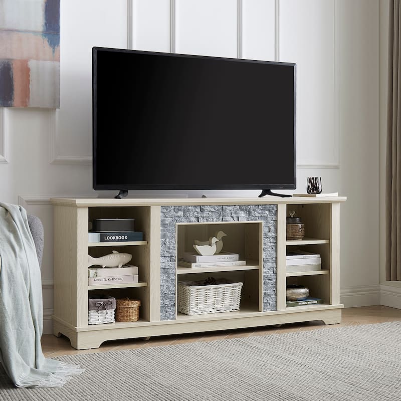 White 58.31" TV Stand with Faux Stacked Stone Surround, Adjustable Shelves and Open Storage Space for TVs Up to 65"