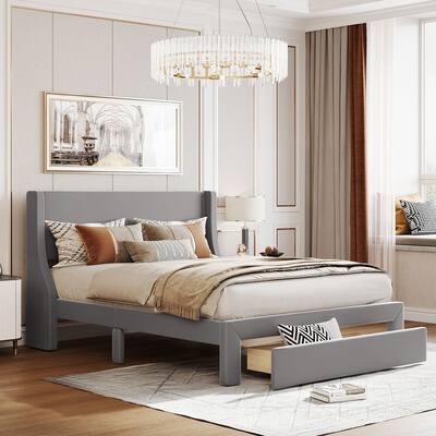 Queen Size Storage Bed Velvet Upholstered Platform Bed with a Big Drawer