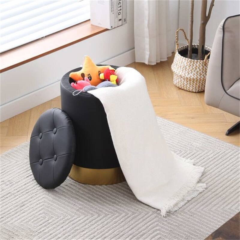 Faux Leather Round Storage Ottoman Foot Stool with Gold-Plated Base