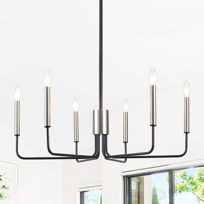 Modern 6-Light Simple Candle Chandelier for Kitchen Island, Living Room, Bedroom, Foyer - Black+Sandnickel
