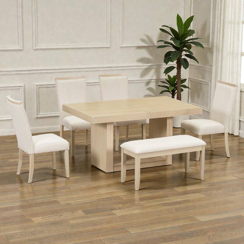 Contemporary 6-Piece 78" Extendable Pedestal Dining Table Set with 18" Leaf, Bench, and 4 Upholstered Chairs