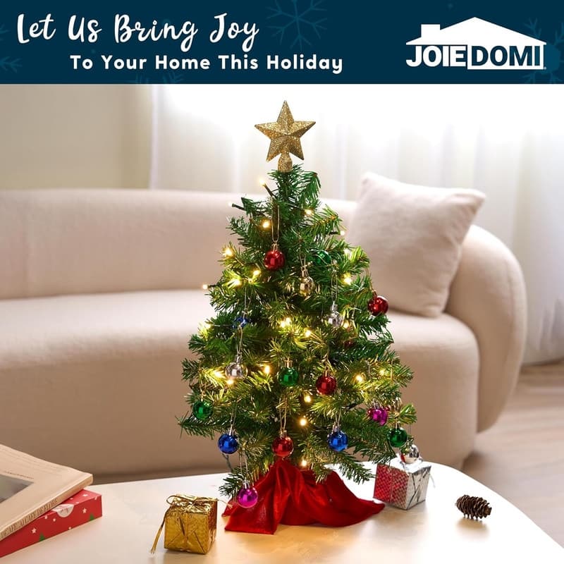 24"/2FT Mini Christmas Tree Tabletop Set with Clear LED Lights, with Star Treetop and Ornaments(Storage Bag Included)