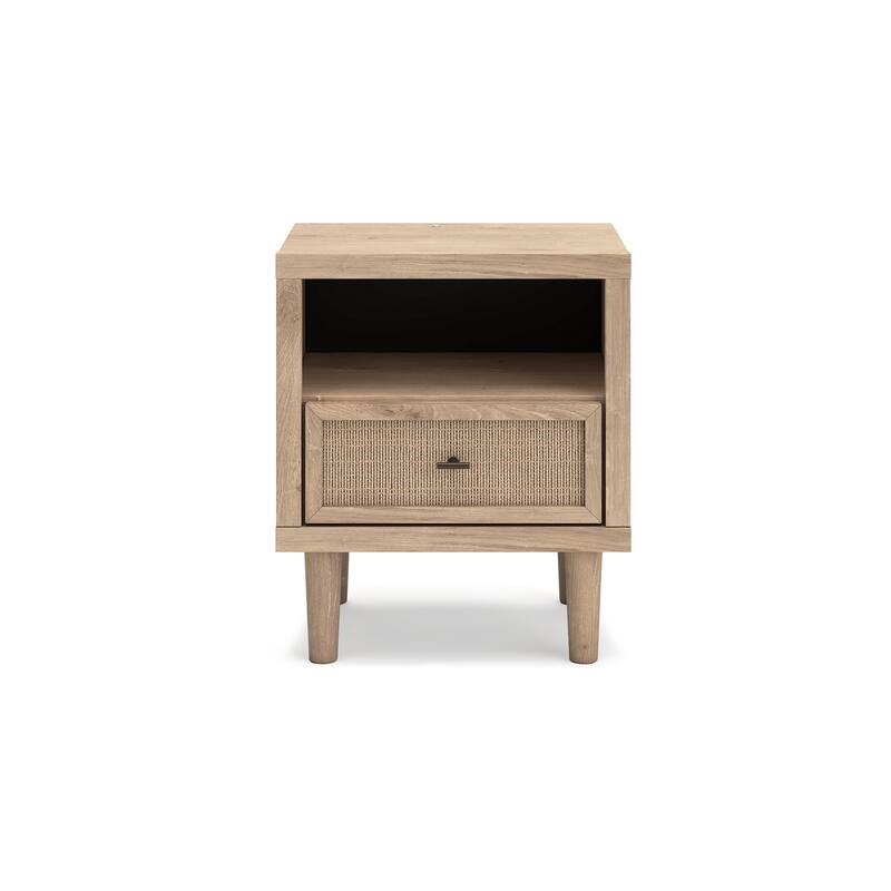 Ciel Nightstand w USB LED, Faux Linen Laminate, Cane Drawer, Oak Brown