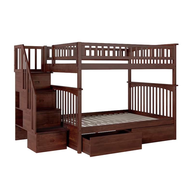 AFI Columbia Full over Full Size Staircase Bunk Bed with Bed Drawers & Charging Station in Walnut