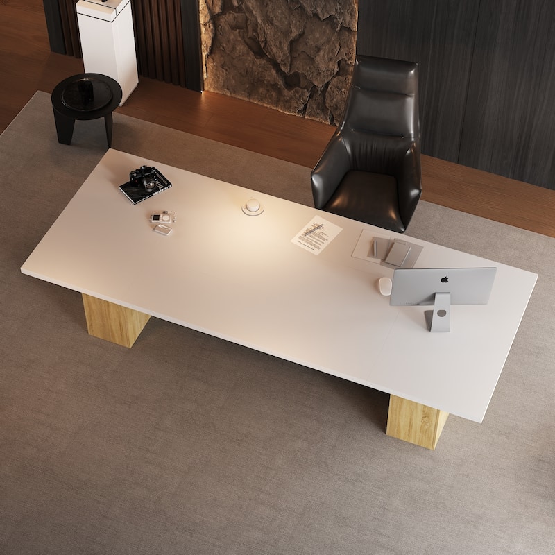 Extra Long Wood Rectangular Dining Table Meeting Table,Oak & White - 126"L