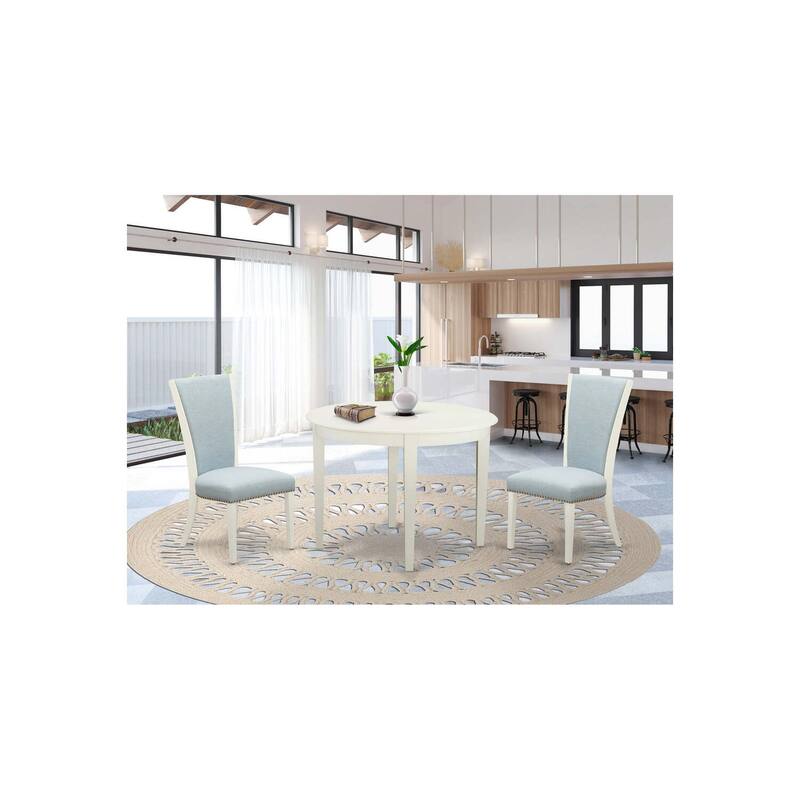 HomeStock 3-Pc Linen White Finish Round Solid Wood Top Dining Table Set