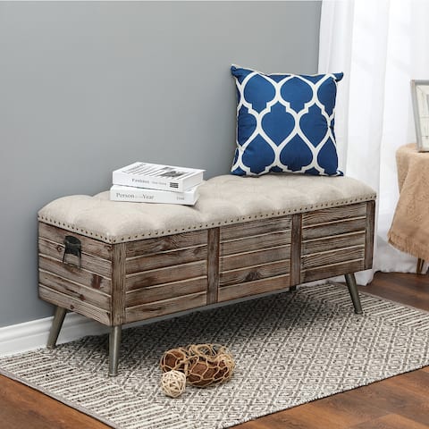 Natural Wood Upholstered Bedroom and Entryway Storage Bench - 20.25" H x 47.38" W x 15.81" W