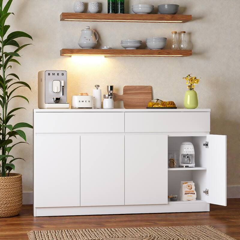 Large Sideboard Buffet Cabinet with Storage, Wood Kitchen Storage Cabinet with 2 Drawers and 4 Doors, Coffee Bar Table