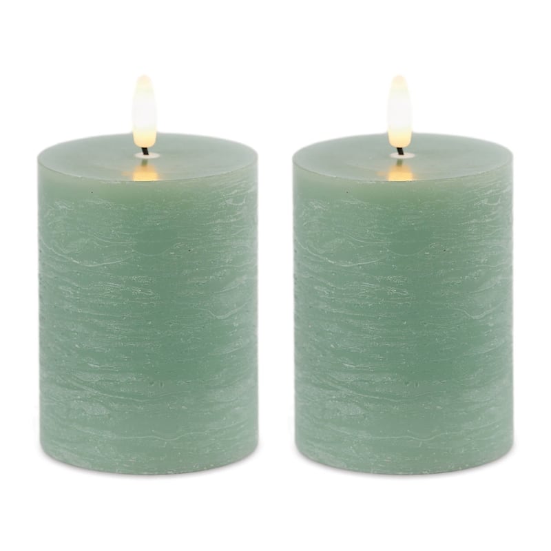 Set of Two Green Flameless Pillar Candles