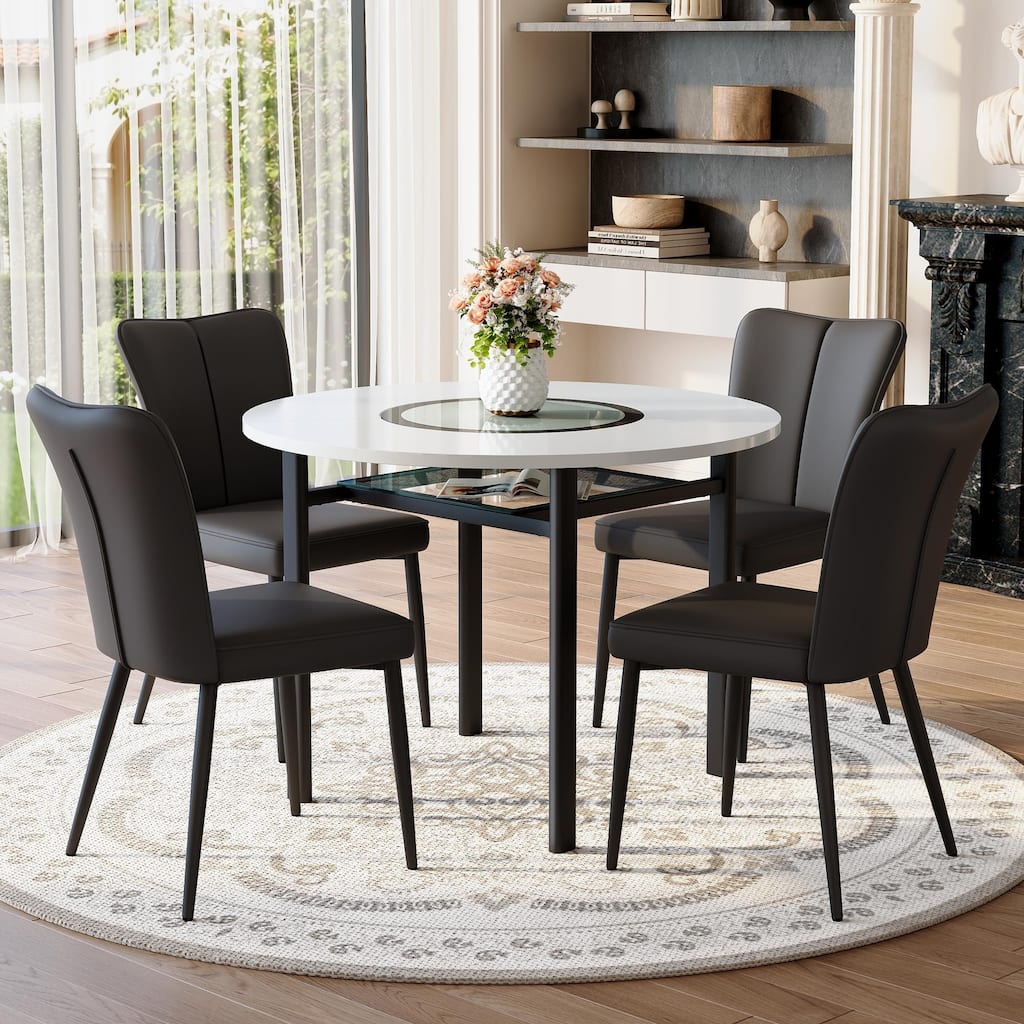 5-Piece Round Dining Table Set, 42" Kitchen Table and Chairs Set for 4 with Lower Storage Shelf